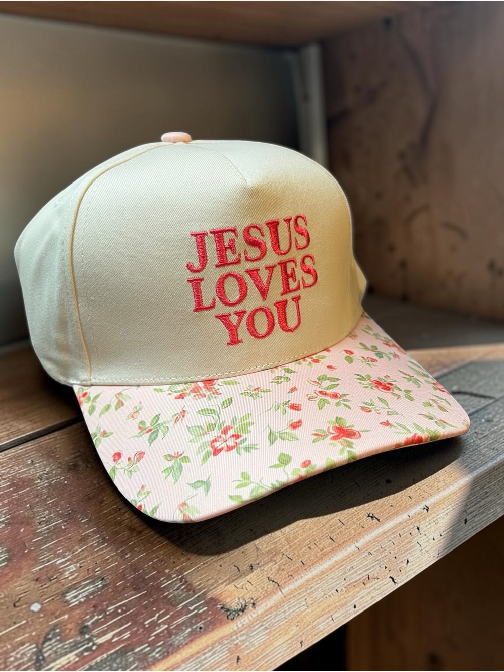 Cream and Pink Floral Baseball Cap with 'Jesus Loves You' Embroidery